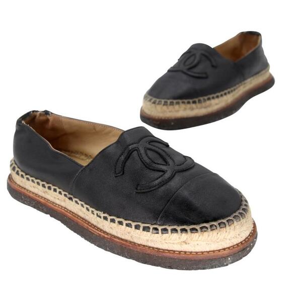 Chanel Espadrille 38 Lambskin Leather Rubber Platform Cc Flats CC-0707N-0012 - Picture 2 of 10